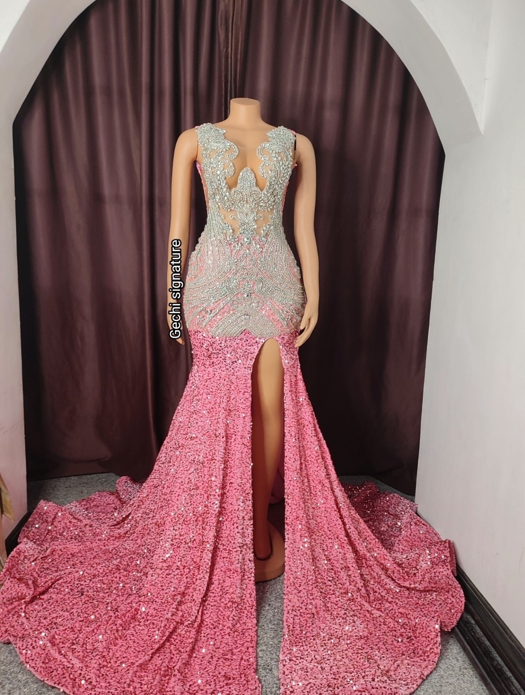 Luxury pink wedding reception dress, rhinestones floor length prom even ...