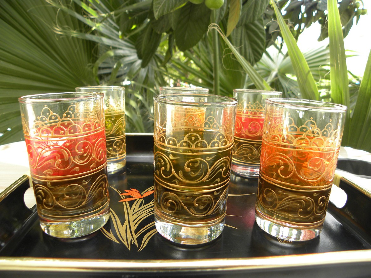 Vintage Artisanal Handpainted Glassware Set 6 Moroccan Glasses With Ori