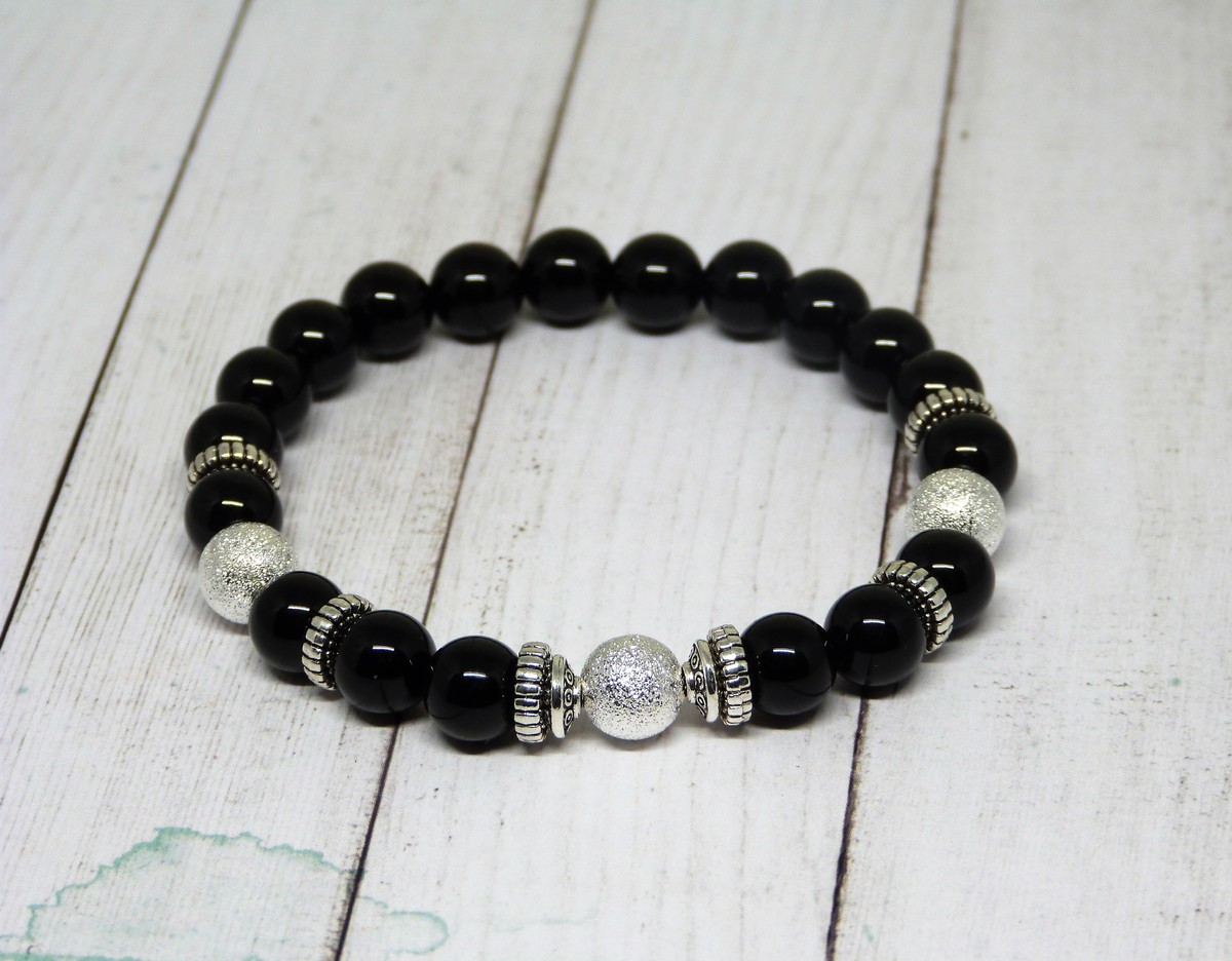 Stone Bracelet Natural Pearl Bracelet Black Onyx Silver Findings By Afrikrea