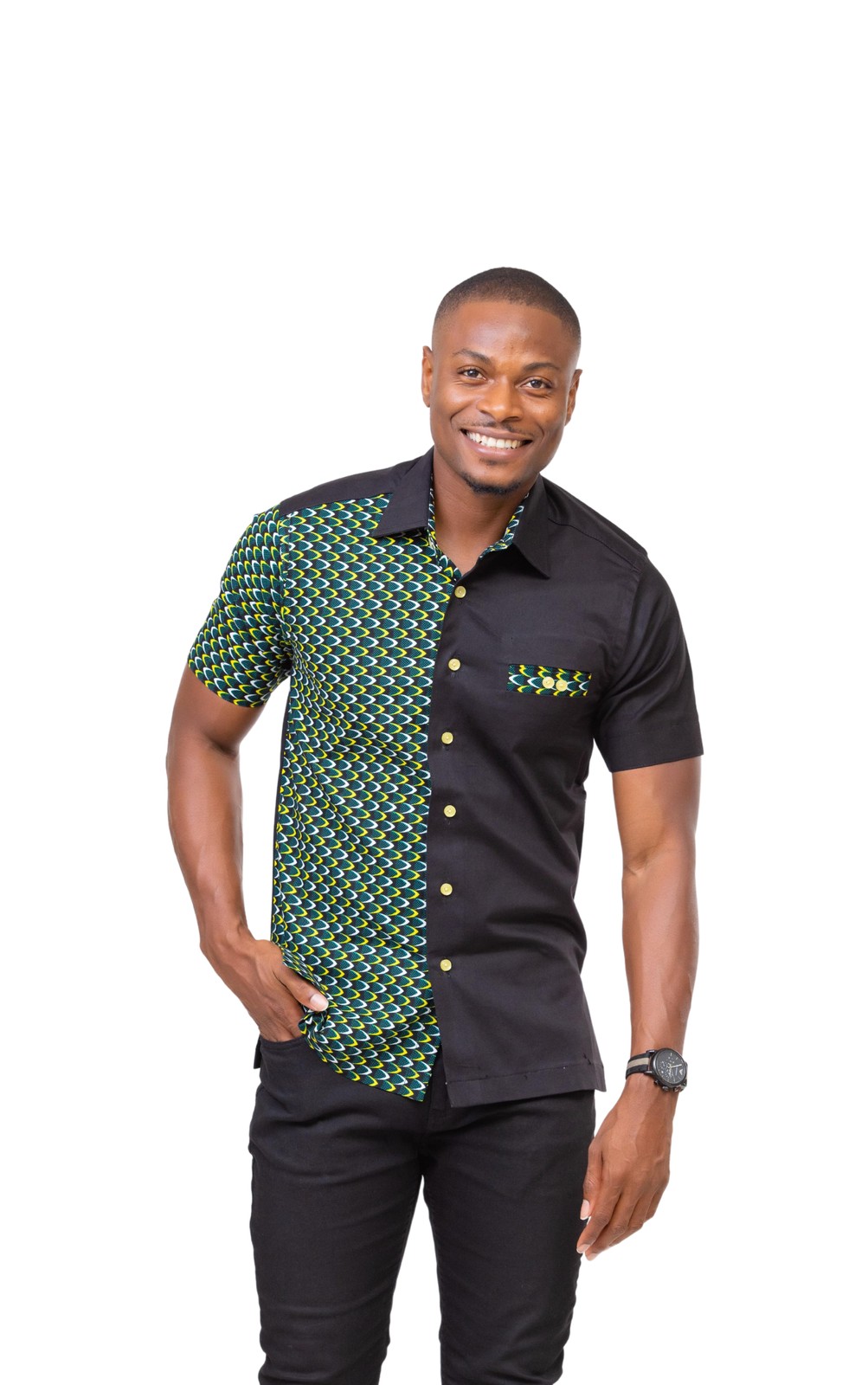 African Print Shirt D'IYANU Olu Men's African Print Button-Up Shirt - Short Sleeve Ankara Dashiki With Geometric Pattern Men's Dashiki Button Up Shirt