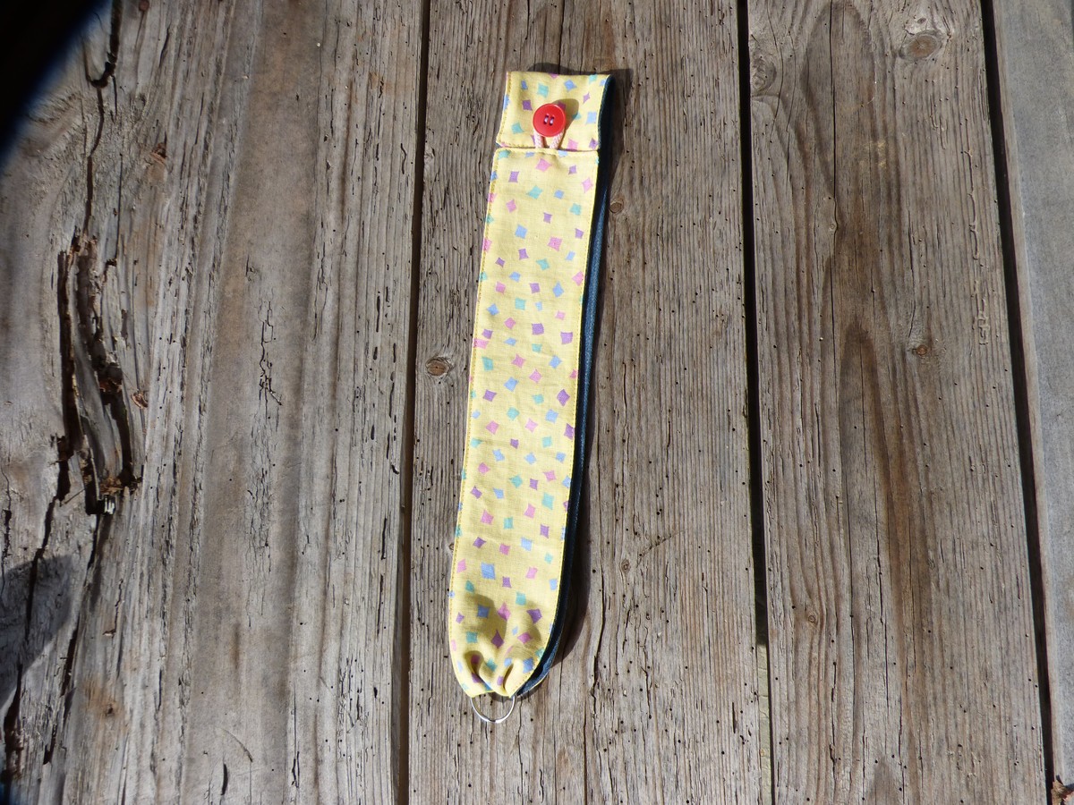 Large yellow strap keychain with geometric print recycled jeans agency