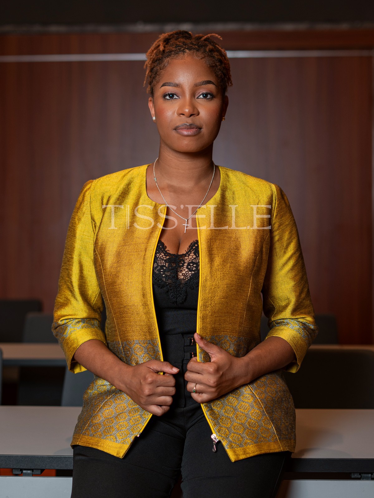 WOMEN'S JACKET IN WOVEN LOIN 3/4 sleeve Rina Yellow Gold by tissell