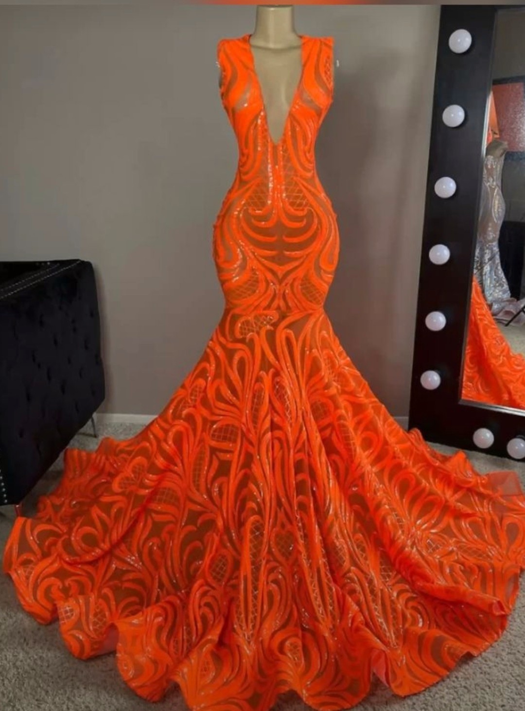Robe de bal orange, robe de soirée, robe de soirée sirène orange à col
