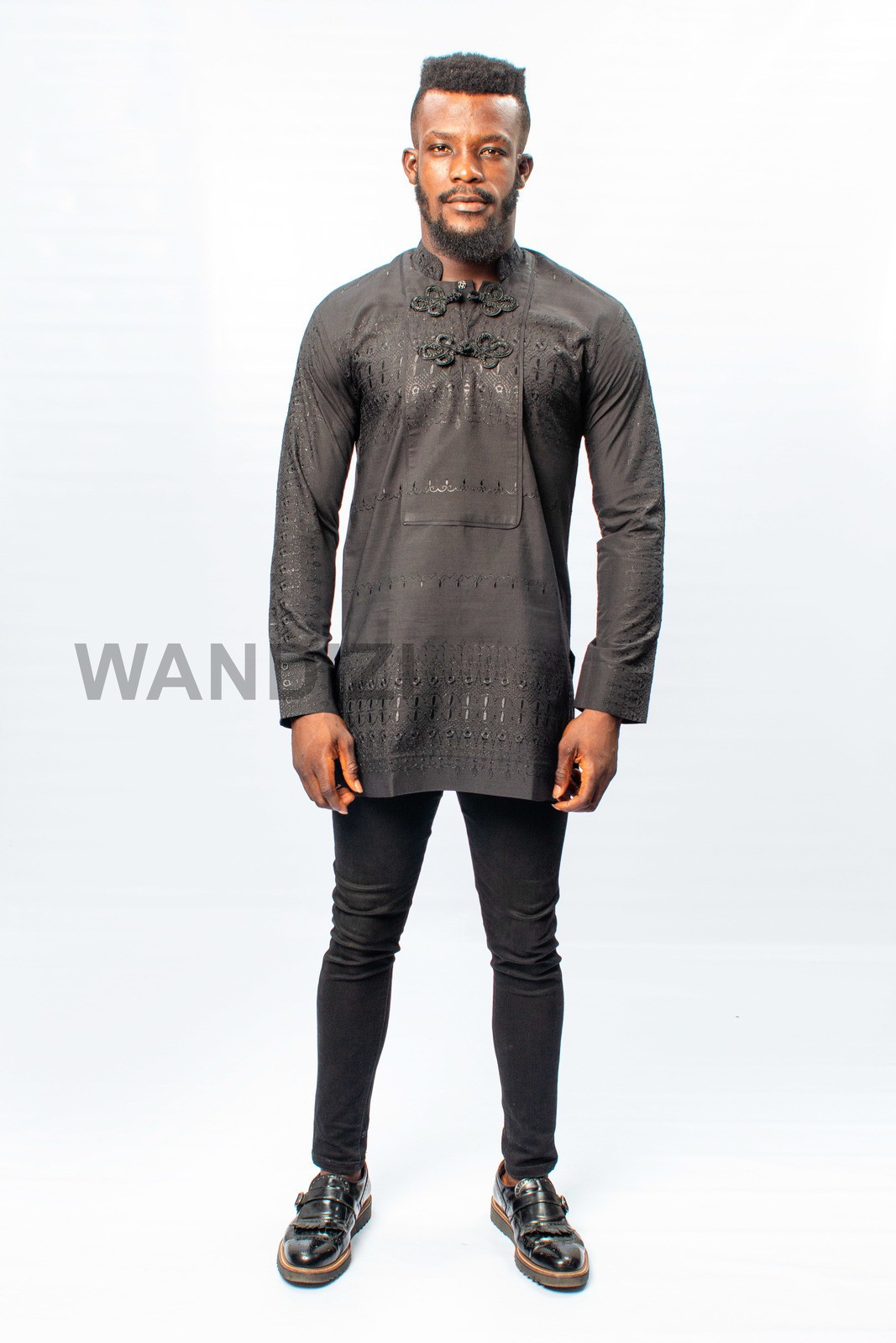 Black mandarin collar dress shirt Clearance