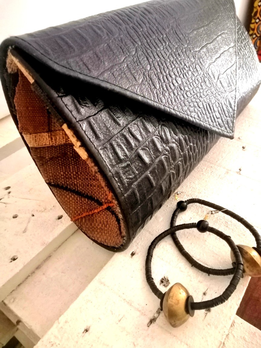 black raffia clutch bag