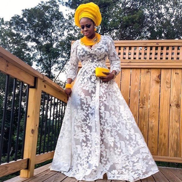 HOT Yellow Latest Lace Long Gown Styles 2018 Aso Ebi Lace