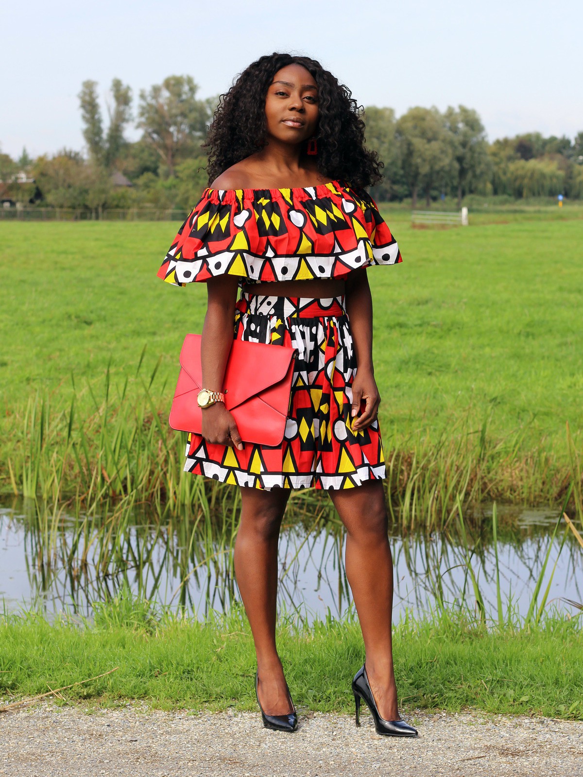 red skirt and top co ord