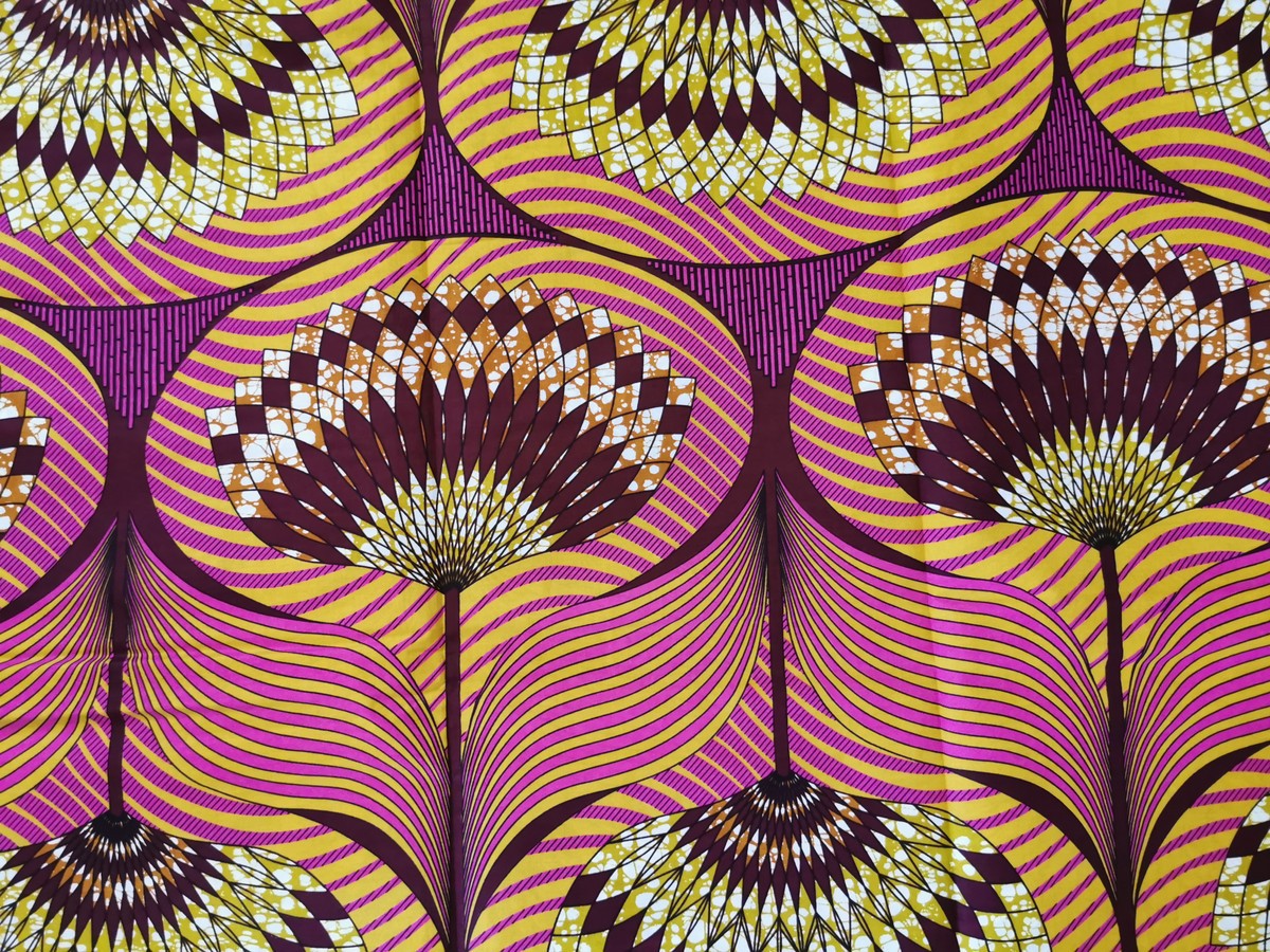 Violet Ribbon & Stripe Motif Ankara Wax Print on Golden Crackle Base with Dynamic Flow